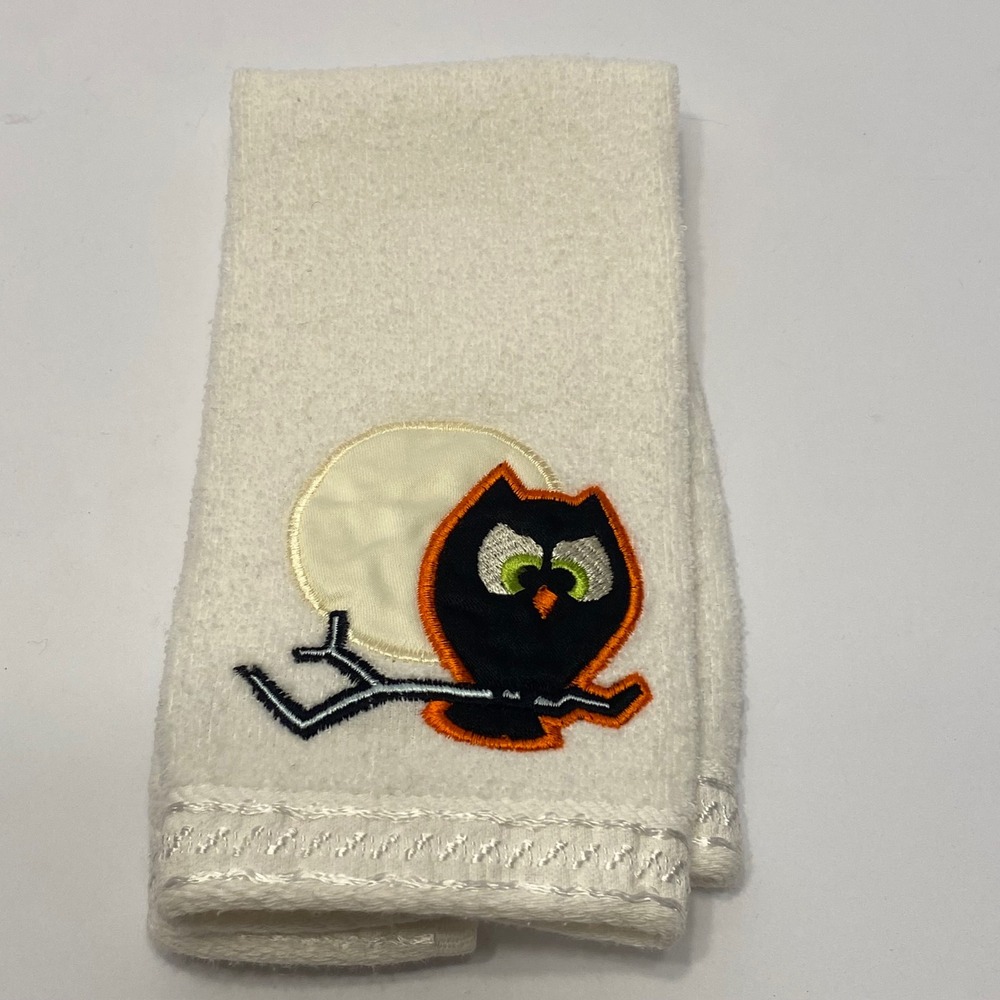 Halloween Hand Towel White Excellent Owl Moon Embroidered